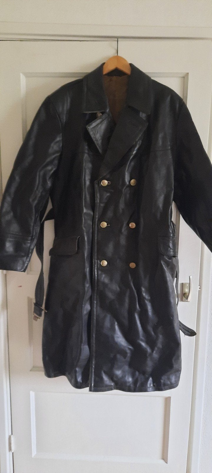 lange leren jas vintage, Ophalen, Gedragen, Zwart