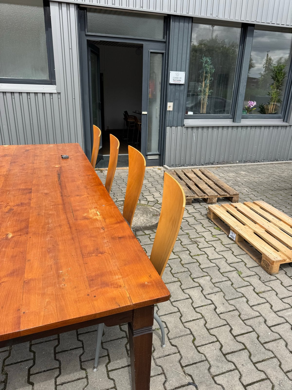Stamtafel teakhout met 8 stoelen - hoge tafel, Ophalen, Gebruikt, Teakhout, 200 cm of meer