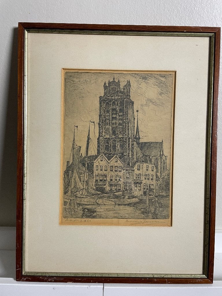 Dom Dordrecht - ets van Marius Janssen, Ets, Stadsgezicht, Ophalen of Verzenden, 15 cm