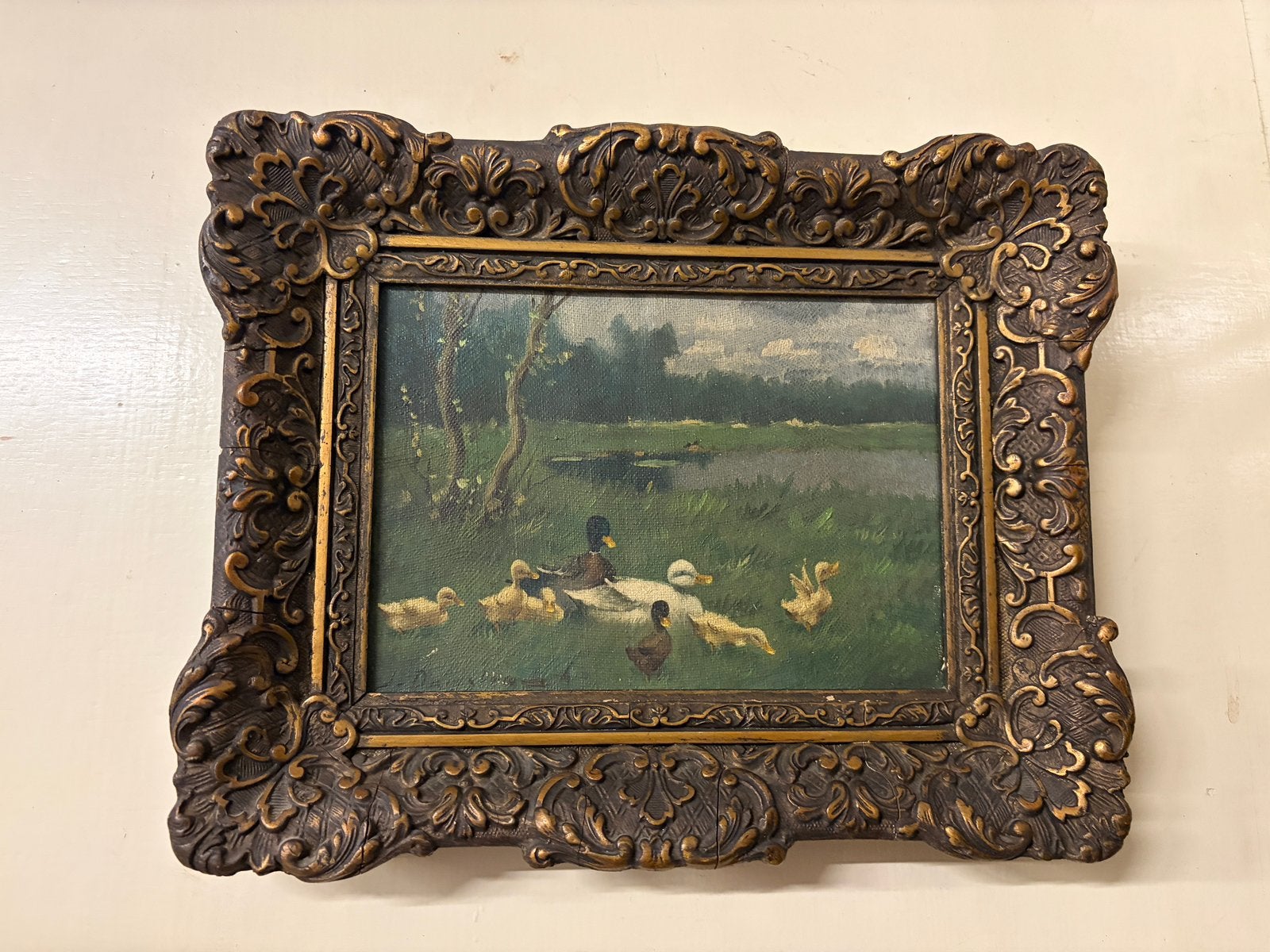 J. Damstra - Olieverfschilderij Eenden met originele lijst, Antiek en Kunst, Doek, Realistisch, Dieren, Ophalen of Verzenden