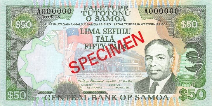 Samoa 50 Tala 1990 Unc Specimen Pn 29s, Postzegels en Munten, Ophalen of Verzenden, Los biljet