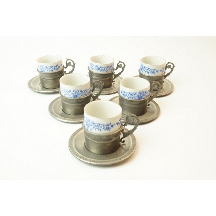 # 6 Peltro tin kop en schotels met Josephin Porcelaine kopje, Ophalen of Verzenden