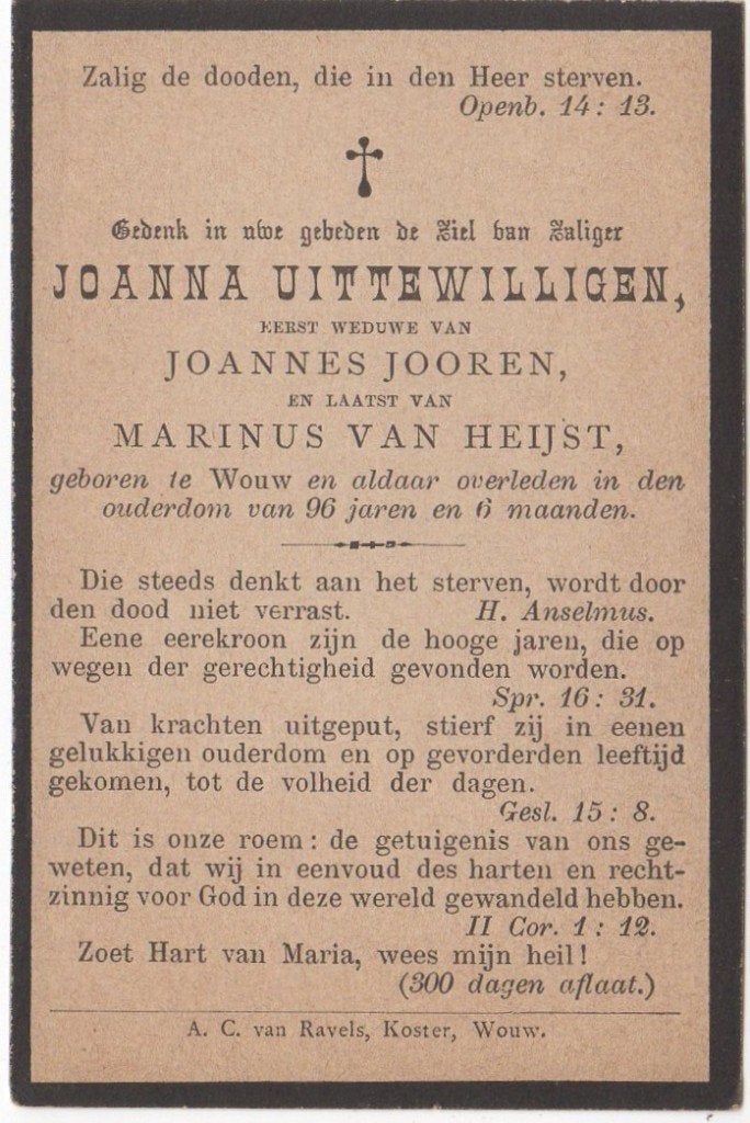 Joanna Uitdewilligen 1792 Wouw + 1888 Wouw, 96 jaar oud, Verzenden
