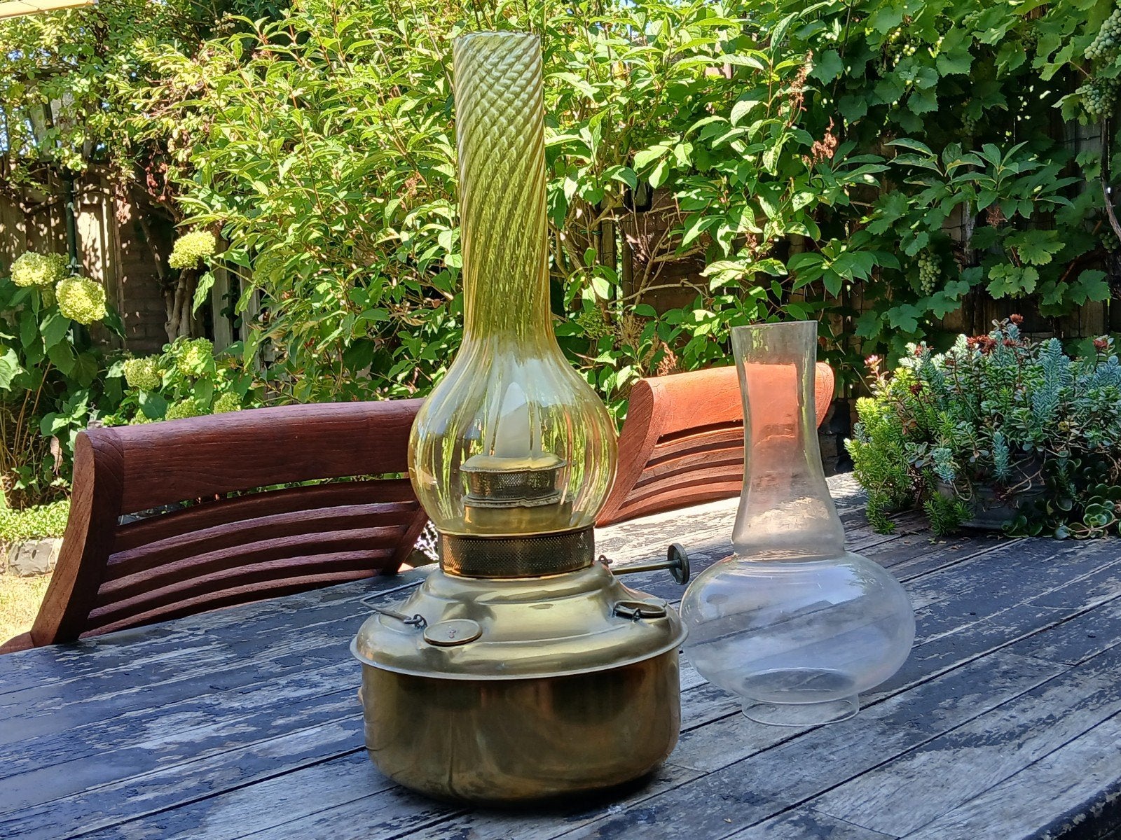 Unieke lamp van petroleumkachel met 2 kappen, Ophalen of Verzenden
