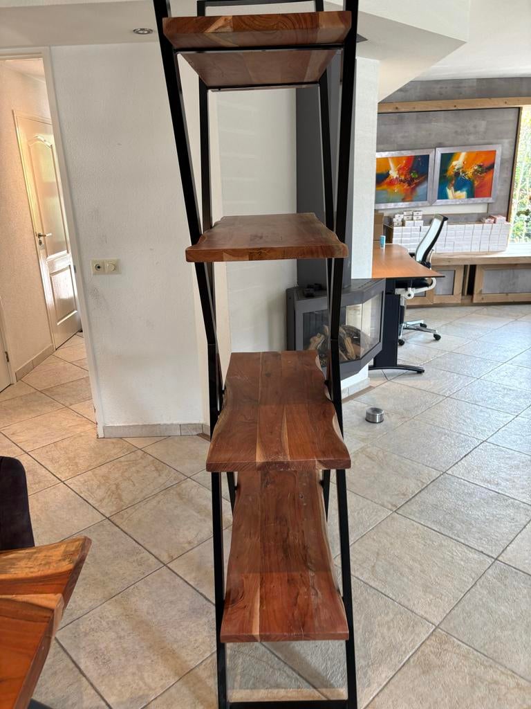 1 Industriële Boekenkast Acaciahout en Metaal, Huis en Inrichting, Kasten | Boekenkasten, Ophalen, Met plank(en), Gebruikt, 200 cm of meer