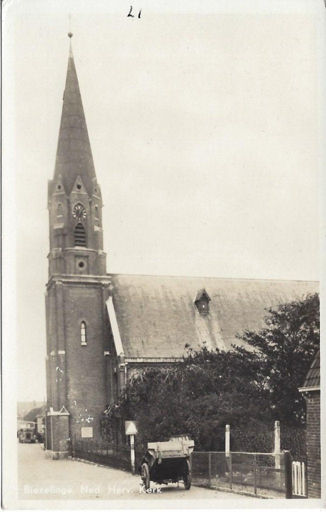 Biezelinge (Zld.) Ned. Herv. Kerk, gelopen 1950, Verzamelen, Ophalen of Verzenden, 1940 tot 1960, Gelopen, Zeeland