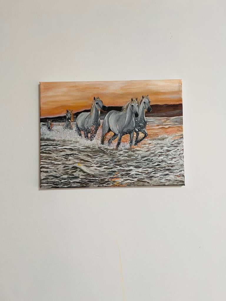 Olieverf Schilderij: Wilde Paarden in Water (30x40cm), Ophalen of Verzenden