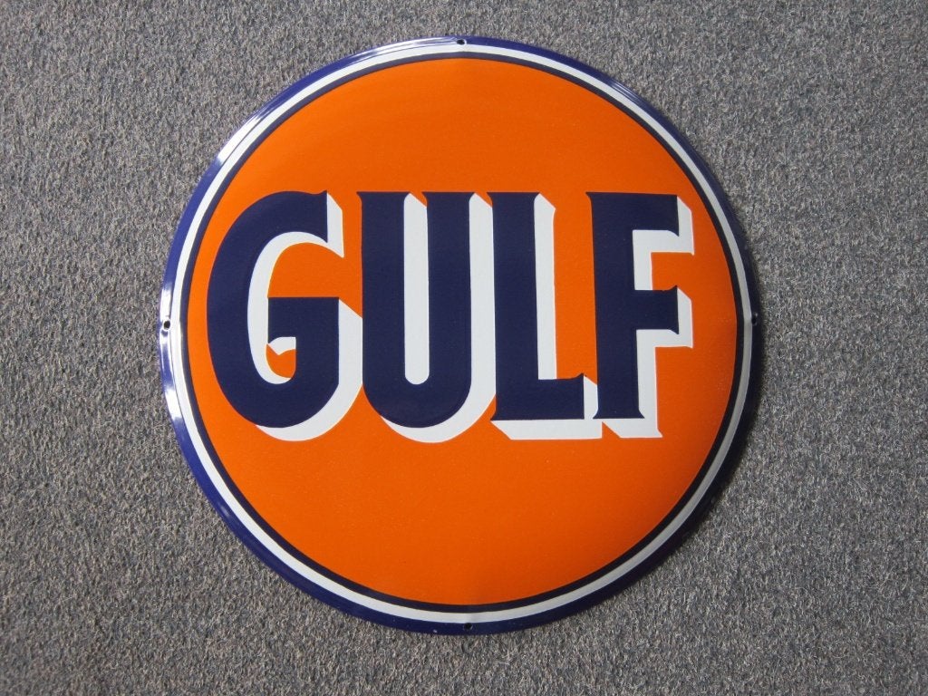 GULF EMAILLE RECLAMEBORD, Verzamelen, Ophalen, Zo goed als nieuw, Reclamebord