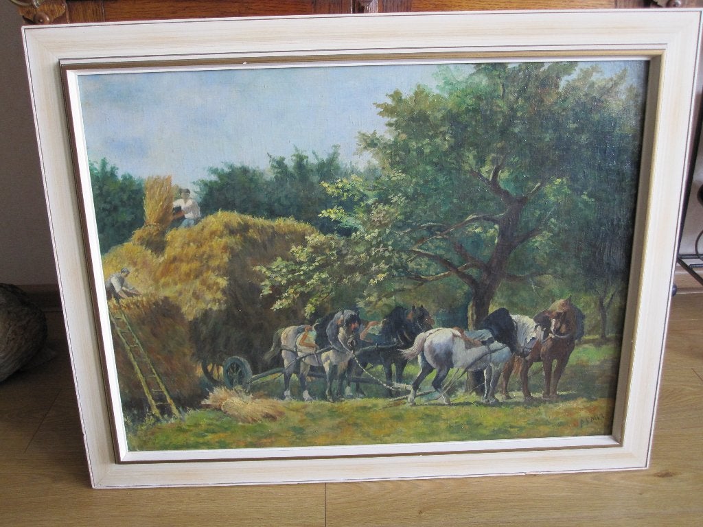 Antiek olieverfschilderij op doek., Antiek en Kunst, Kunst | Schilderijen | Klassiek, Ophalen, Doek, Gesigneerd, Olieverf