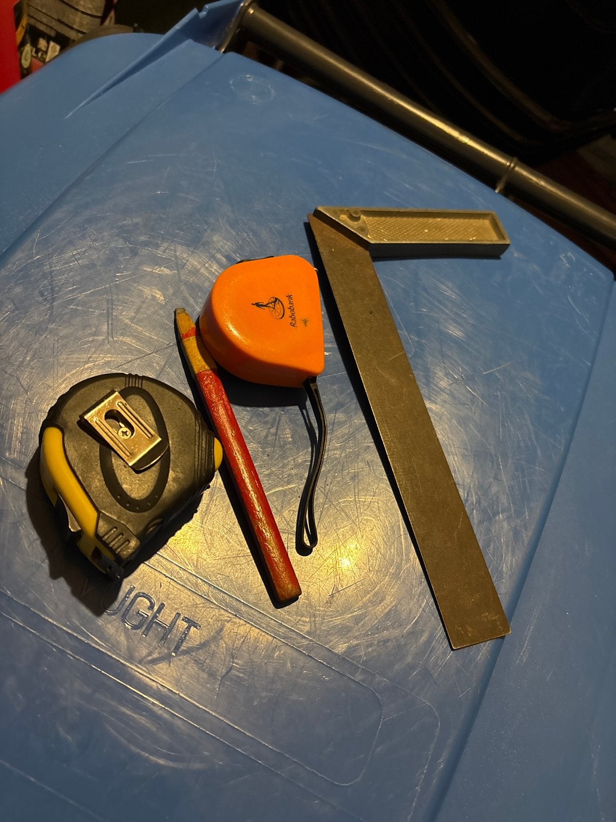 Meetgereedschap set: Rolmaat, winkelhaak en potlood, Ophalen, Gebruikt, Rolmaat/meetlint, Overige merken