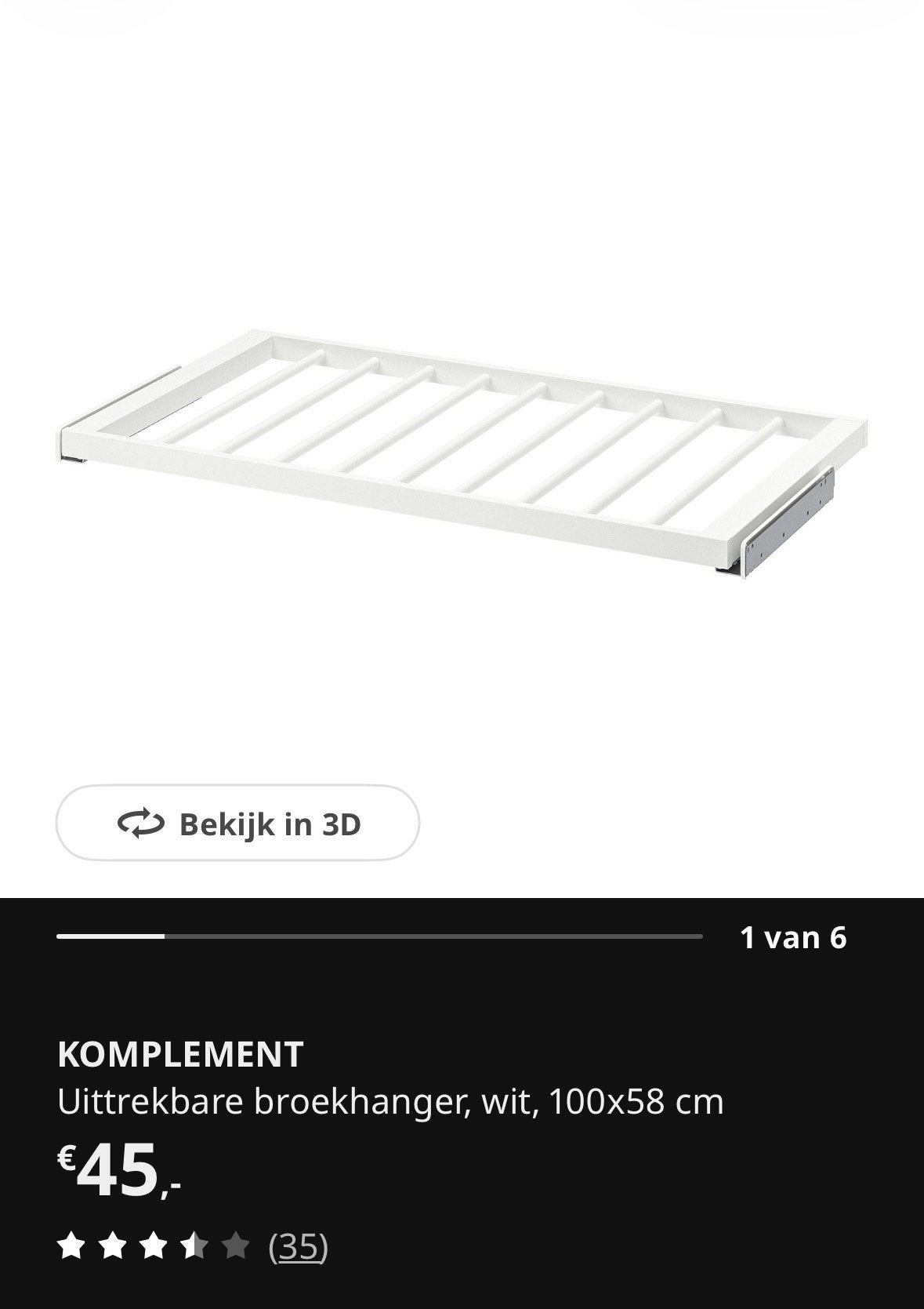 Ikea komplement uitschuifbare broekhanger pax kast 100 cm, Ophalen, 50 tot 75 cm, 50 tot 100 cm, Minder dan 100 cm