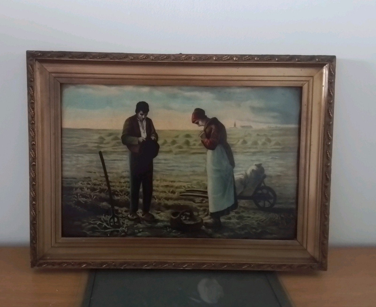 Klassiek schilderij: L'Angelus van Millet. Met lijst 46 x 33, Ophalen, Klassiek, Ingelijst