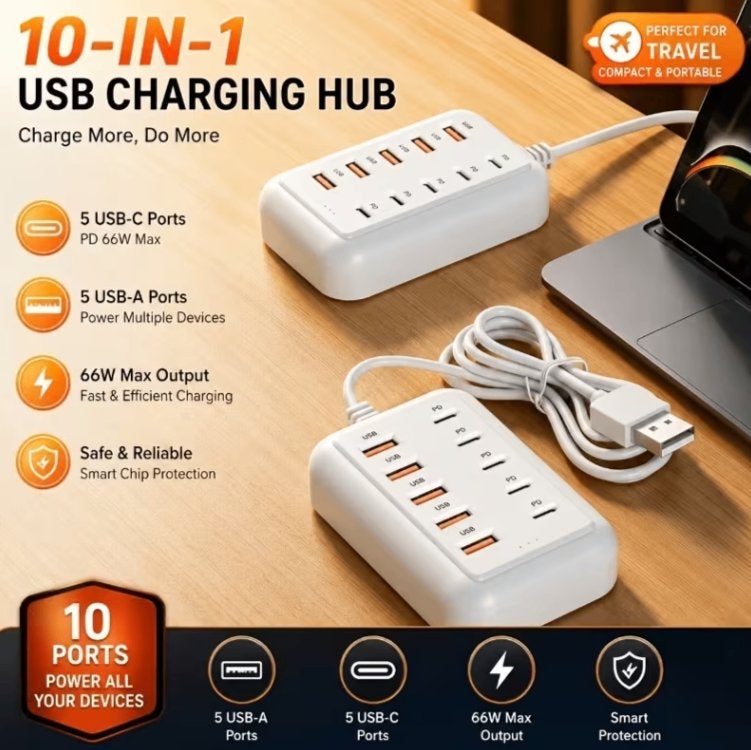 10-poorts 66W USB-C snellaadstation - 5*Type-C + 5*USB-A, Computers en Software, Dockingstations, Verzenden, Nieuw, USB-hub, Harde schijf