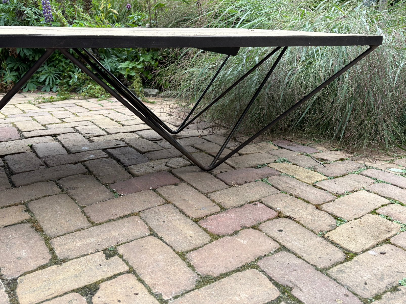 Prachtige grote salontafel met houten blad, Ophalen, Teakhout, 50 tot 100 cm, Zo goed als nieuw