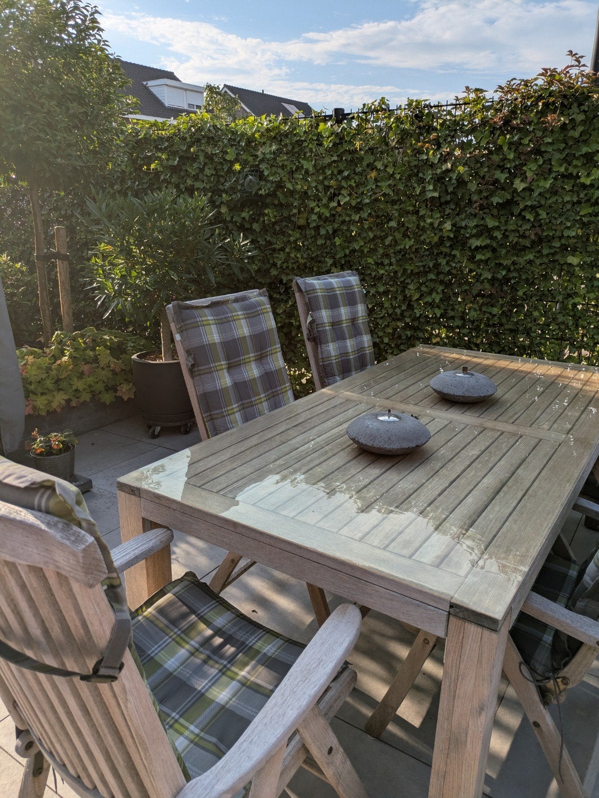 Houten tuinset met 6 stoelen en tafel, Ophalen, Gebruikt, Rechthoekig, Hout