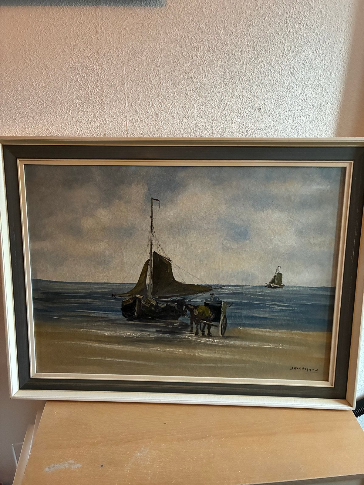 Schilderij J. Kelderman - Schepen op het strand, Antiek en Kunst, Ophalen, Maritiem / water, Doek, Realistisch