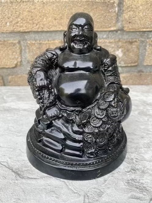 Bronzen Happy Boeddha met munten – 13 cm, 13 cm, Zwart, Ophalen of Verzenden, Nvt