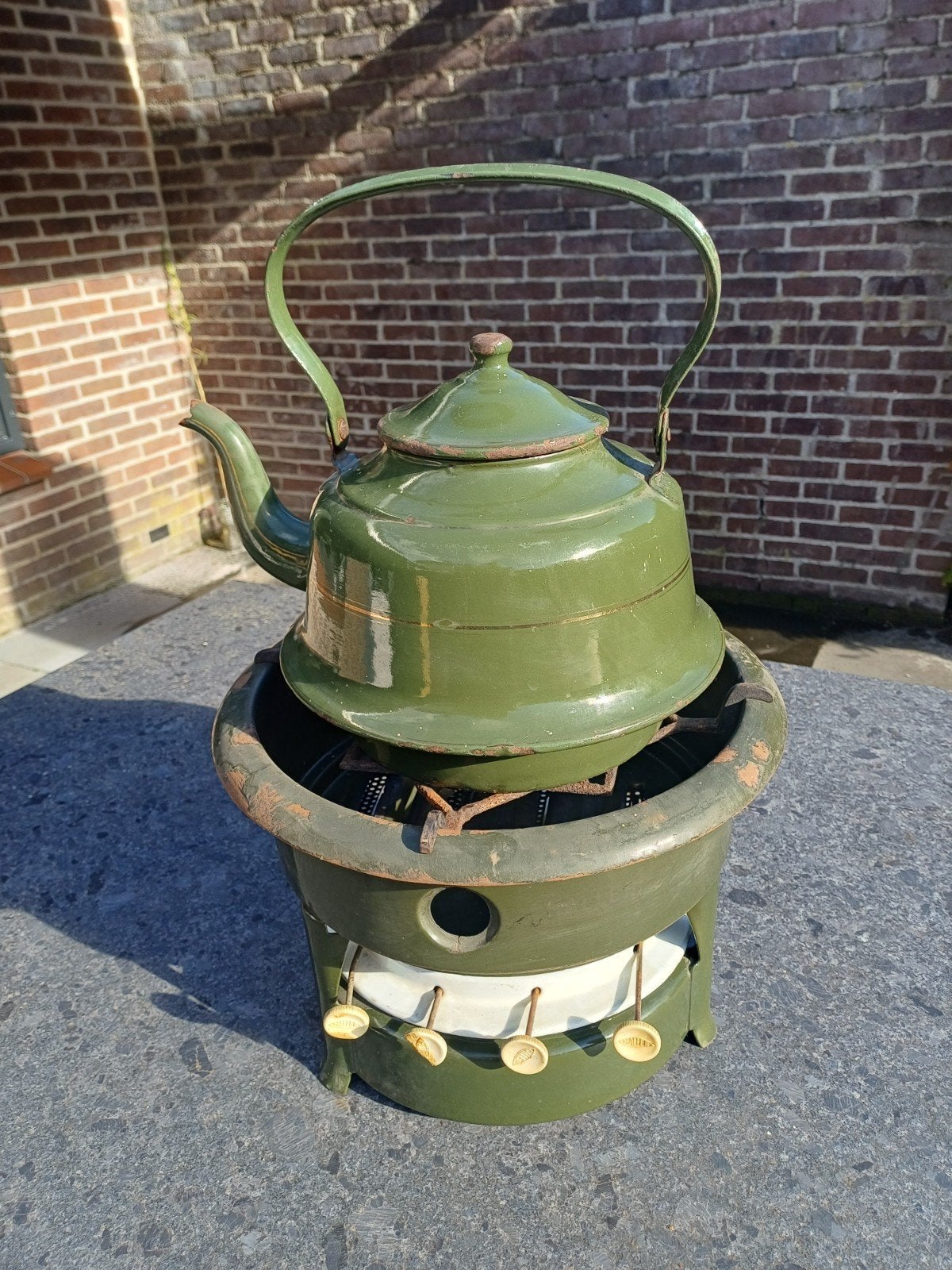 Vintage Groene Emaille Petroleumstel met Theepot, Antiek en Kunst, Ophalen of Verzenden