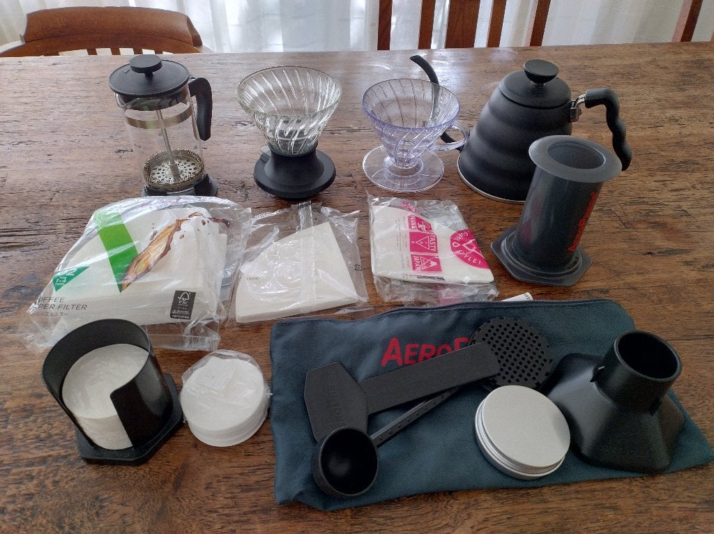 Koffiepakket | AeroPress + Hario V60 + Switch + Hario Buono, Ophalen of Verzenden, Gebruikt, Overige modellen, Gemalen koffie