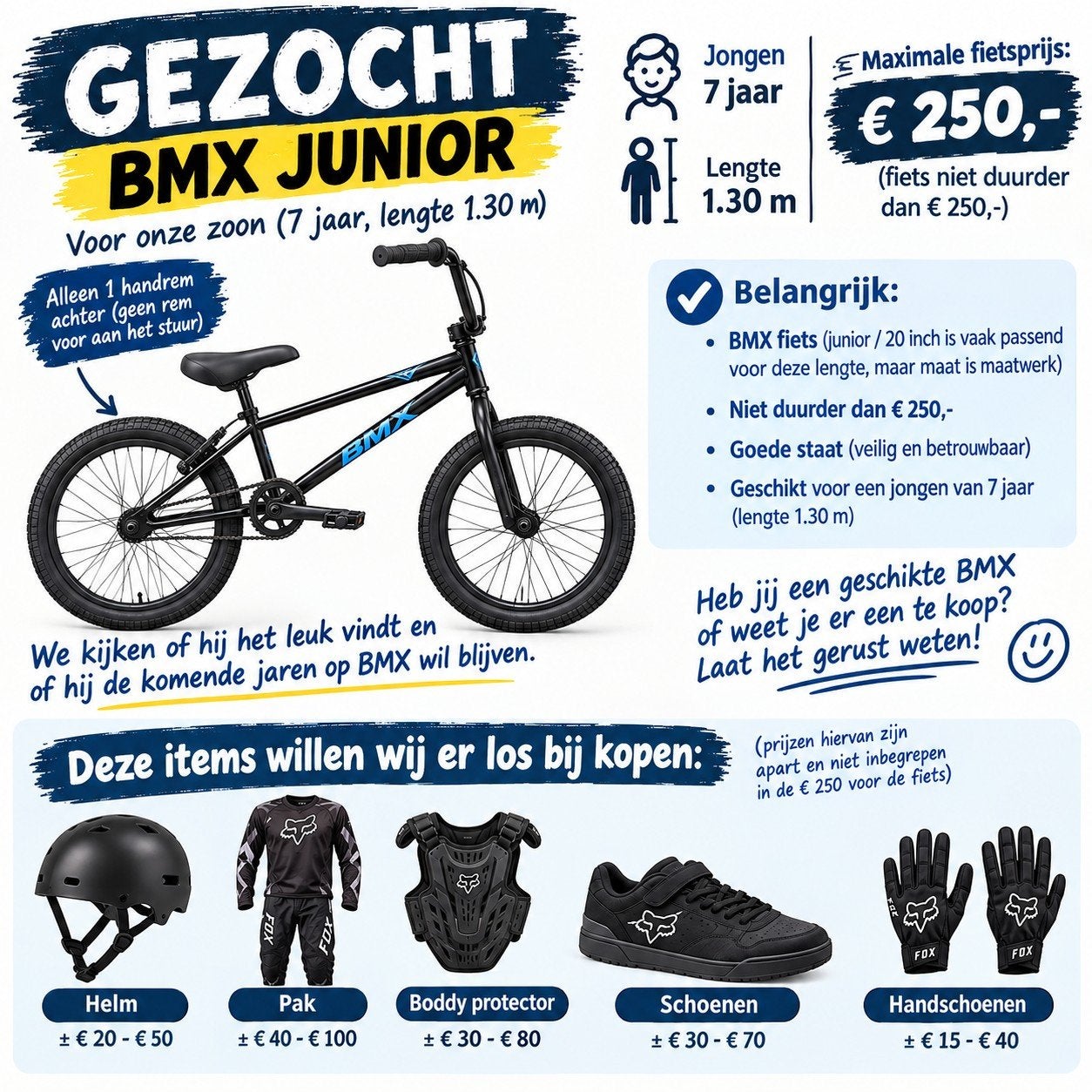Gezocht: BMX fiets junior, 20 inch en kleding voor 7-jarige, Fietsen en Brommers, Ophalen of Verzenden