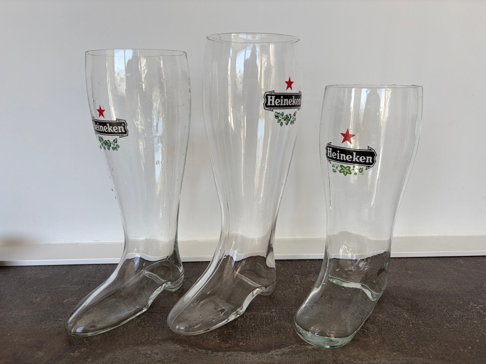 3 verschillende Heineken bier laarzen 29,5 33,5 35 cm hoog, Ophalen, Zo goed als nieuw, Bierglas