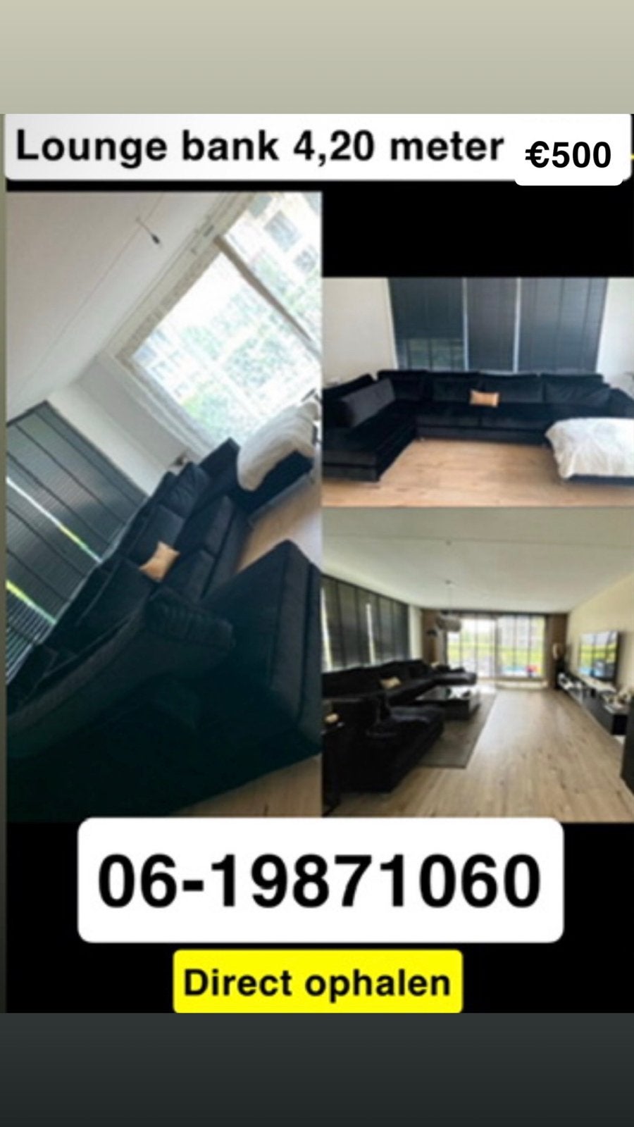 Loungebank 4,20 meter - Zwart, Gebruikt, 100 tot 125 cm, Hoekbank, 300 cm of meer
