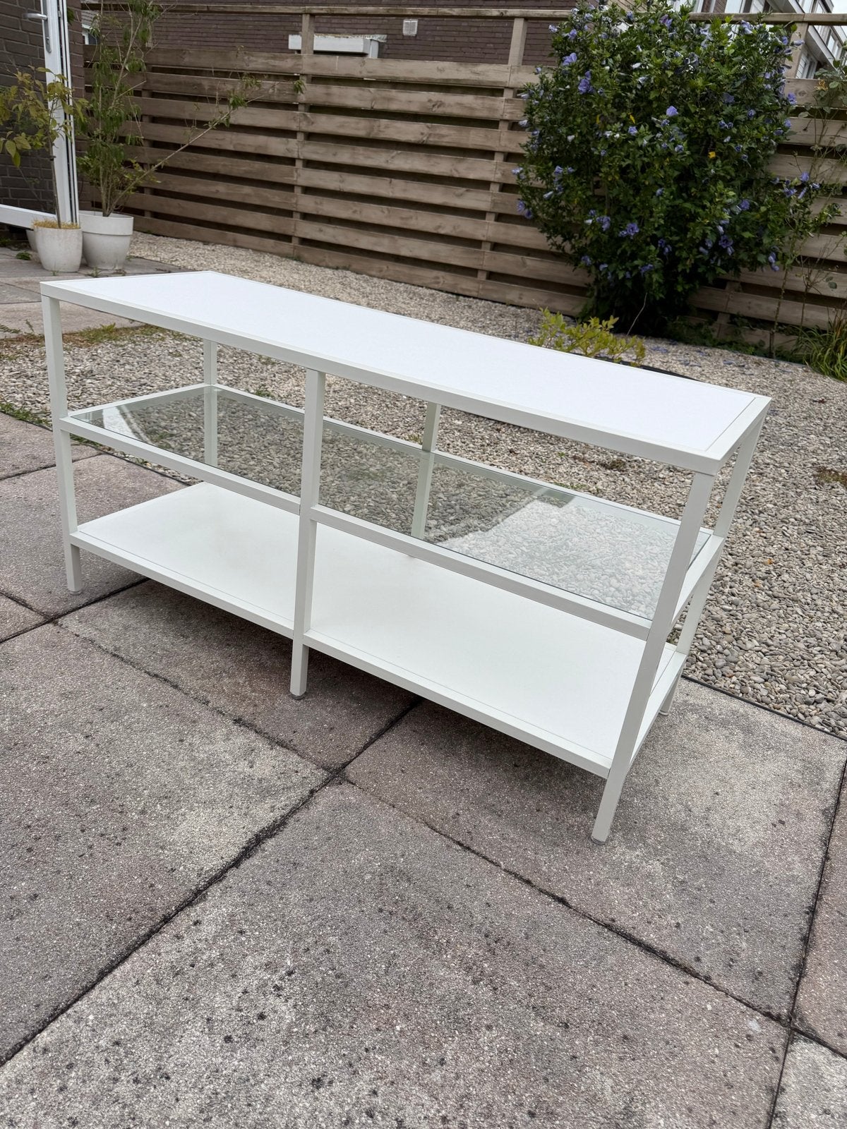2x Wit metalen rek met glazen en houten planken, Ophalen, Gebruikt, 50 tot 100 cm, Minder dan 100 cm