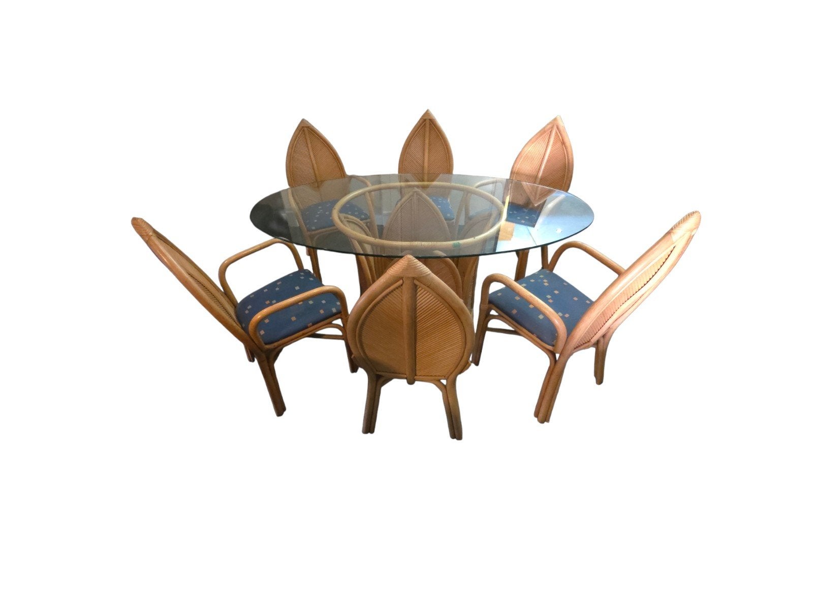 Vintage Hansen rattan eettafel met glazen blad en 6 stoelen, Gebruikt, Glas, Rond, Ophalen of Verzenden