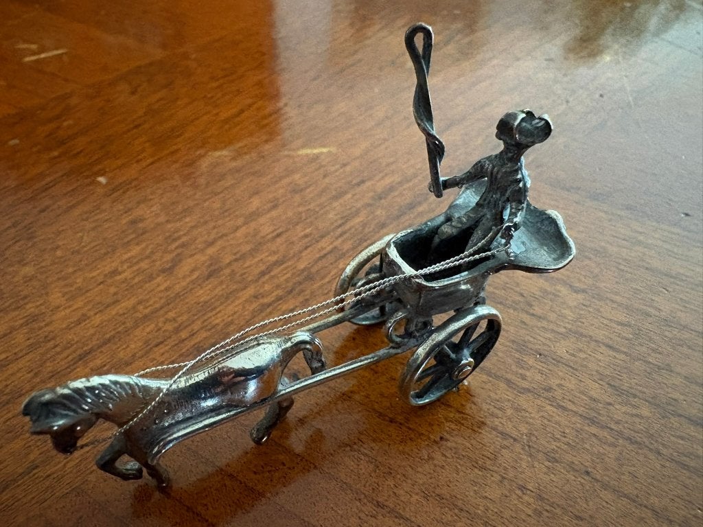 Zilveren miniatuur van paard en wagen met koetsier, Antiek en Kunst, Ophalen of Verzenden, Zilver