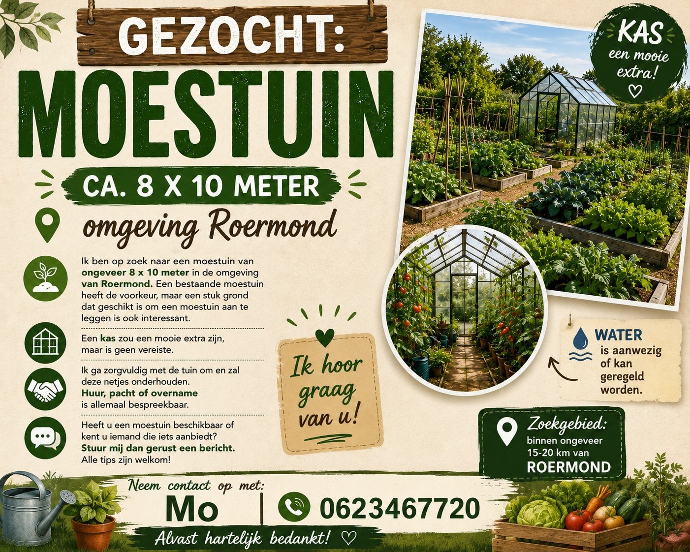 MOESTUIN GEZOCHT, Ophalen, Nieuw, Minder dan 10 m²