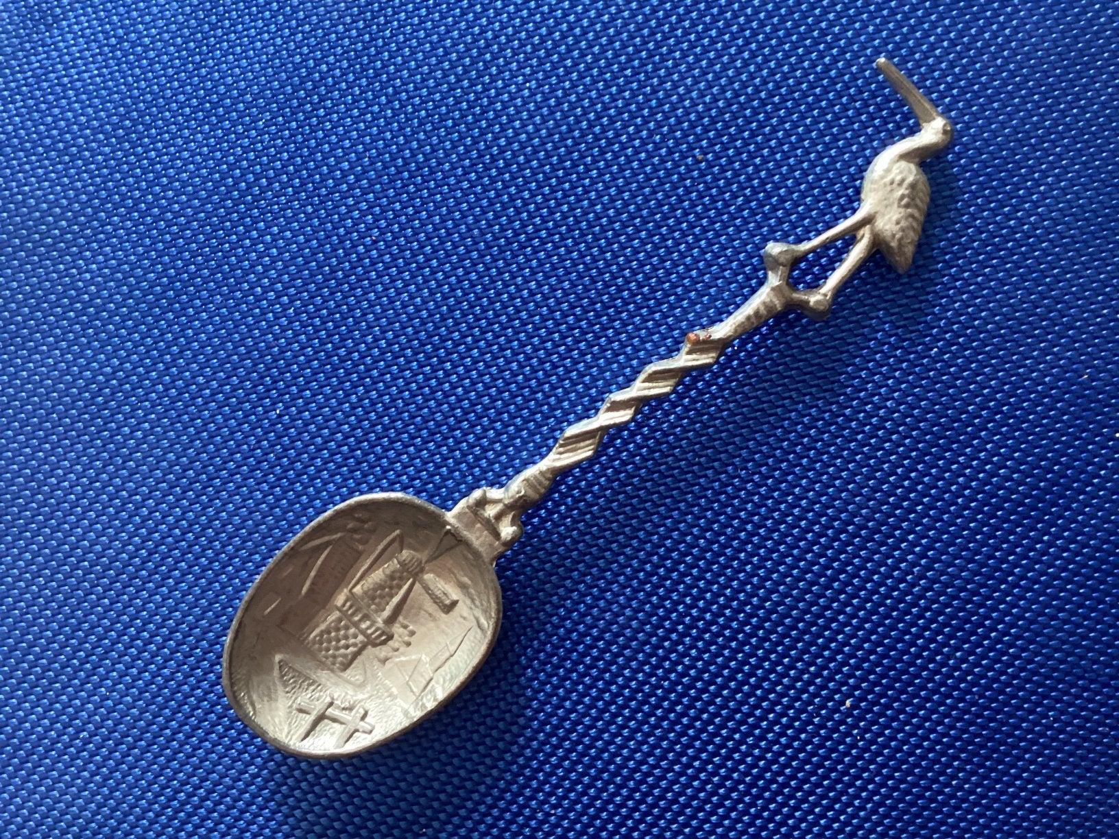 Ooievaar lepeltje Tin // 12 cm, Antiek en Kunst, Ophalen of Verzenden
