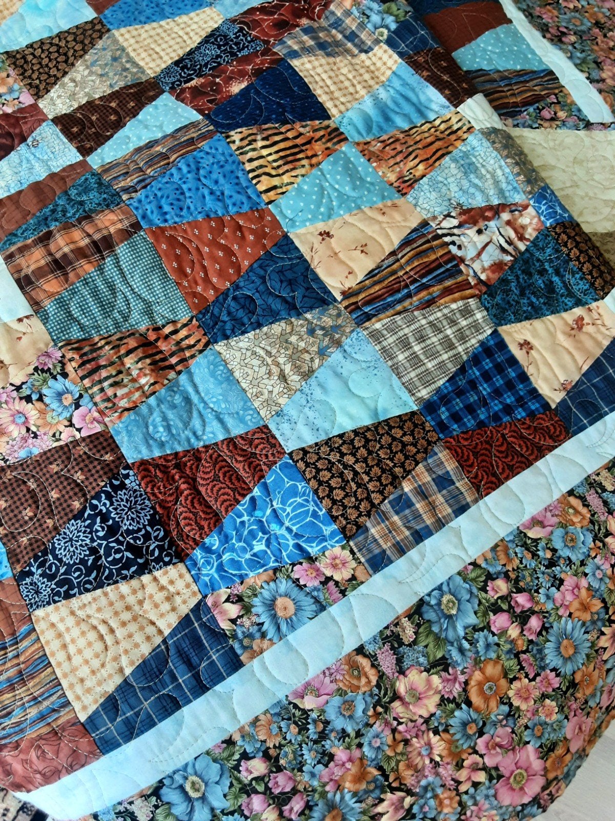Handgemaakte quilt bruin blauw tumblers quilting 188 x 224 c, Nieuw, Ophalen of Verzenden, 30 tot 120 cm, Katoen