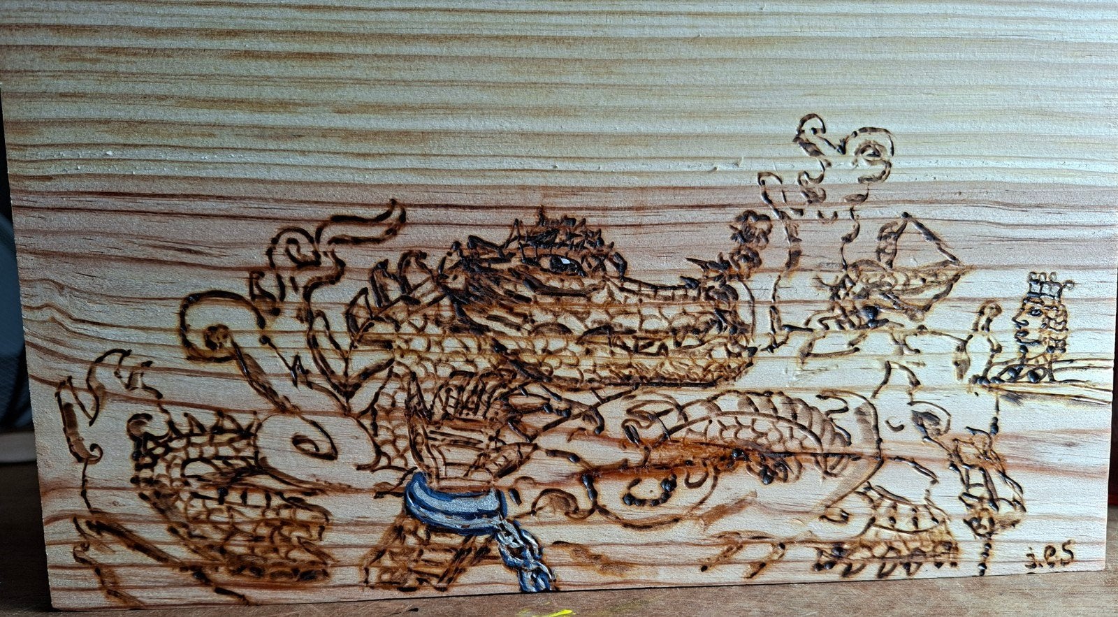 Gebrande draak en prinses jesart - Houtsnijwerk 16x27 cm, Ophalen of Verzenden