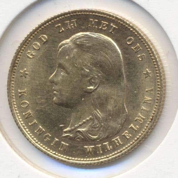 Nederland 10 Gulden 1897 Wilhelmina loshangend haar, Ophalen of Verzenden, Goud