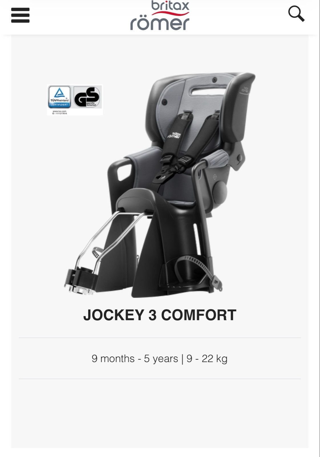 Britax Römer Jockey 3 Comfort fietszitje, Ophalen, Achterzitje, 9 t/m 18 kg, Gebruikt