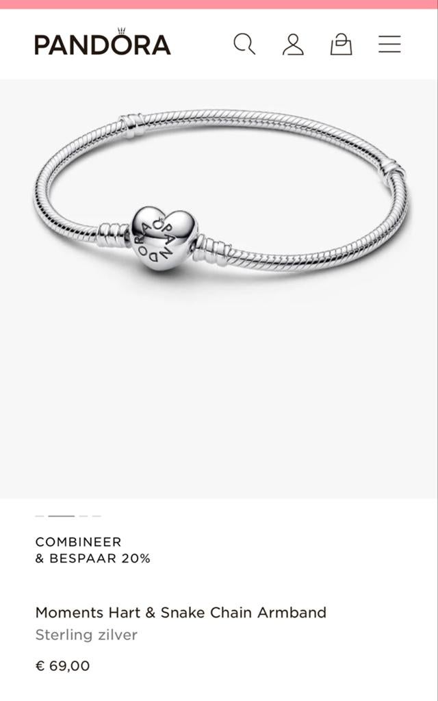 Pandora Moments Hart & Snake Chain Armband + gratis charm, Ophalen of Verzenden, Nieuw, Zilver, Pandora