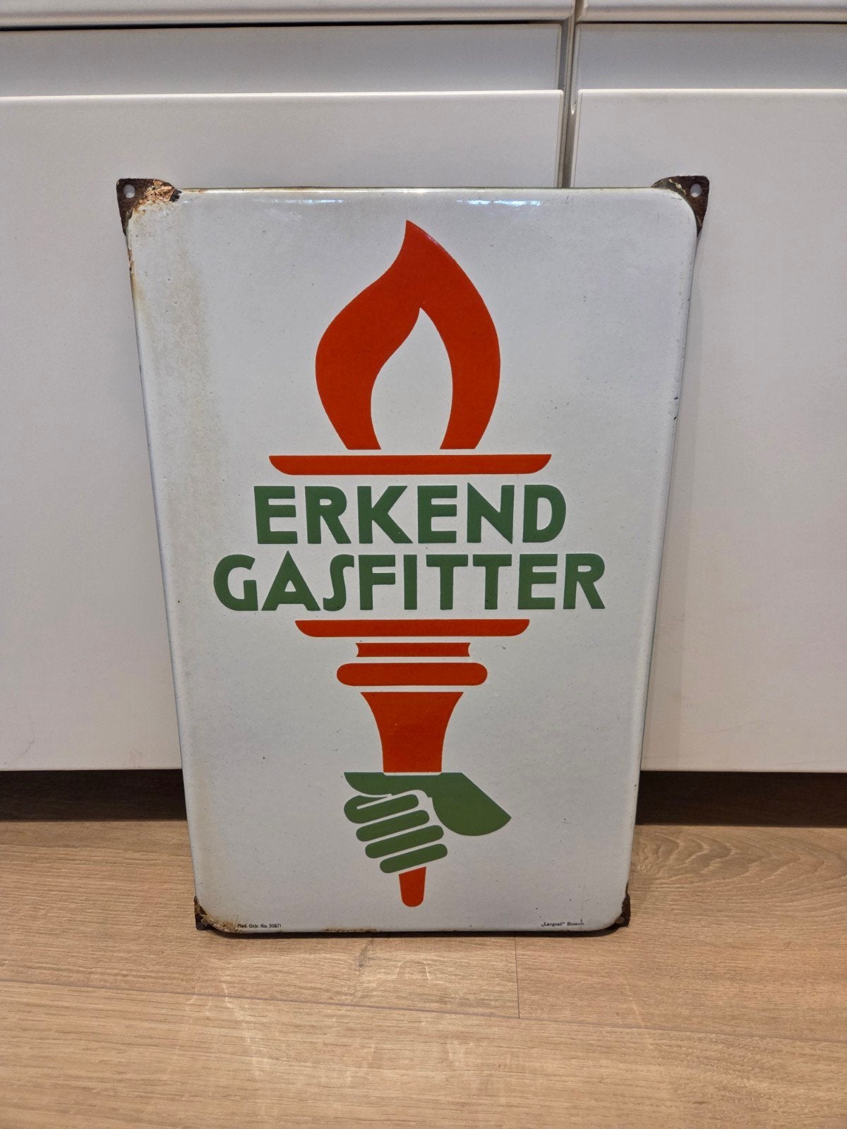Emaille bord erkend Gasfitter, Verzamelen, Ophalen of Verzenden, Gebruikt, Reclamebord