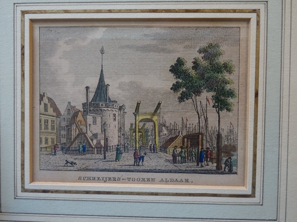 gravure kleur Schreierstoren Amsterdam, ophaalbrug Bendorp, Antiek en Kunst, Verzenden, Stadsgezicht, Gravure, 1700 - 1799