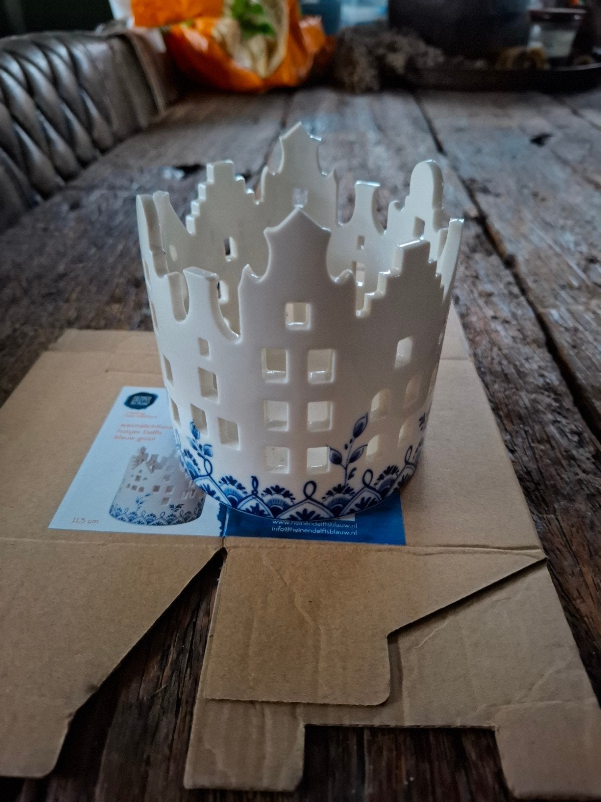 Heinen Delfts Blauw waxinelichthouder huisjes, Nieuw, Ophalen of Verzenden, Klassiek, Wit