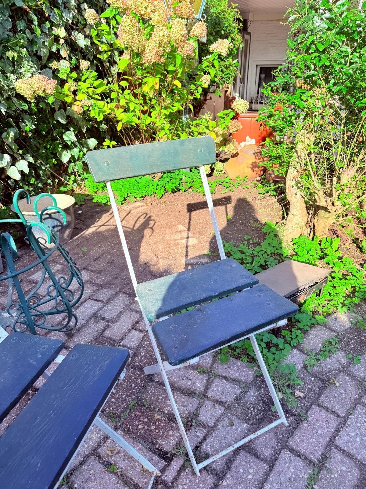 Set van 2 vintage klapstoelen – brocante tuinstoelen, Tuin en Terras, Ophalen, Gebruikt, Hout, Inklapbaar