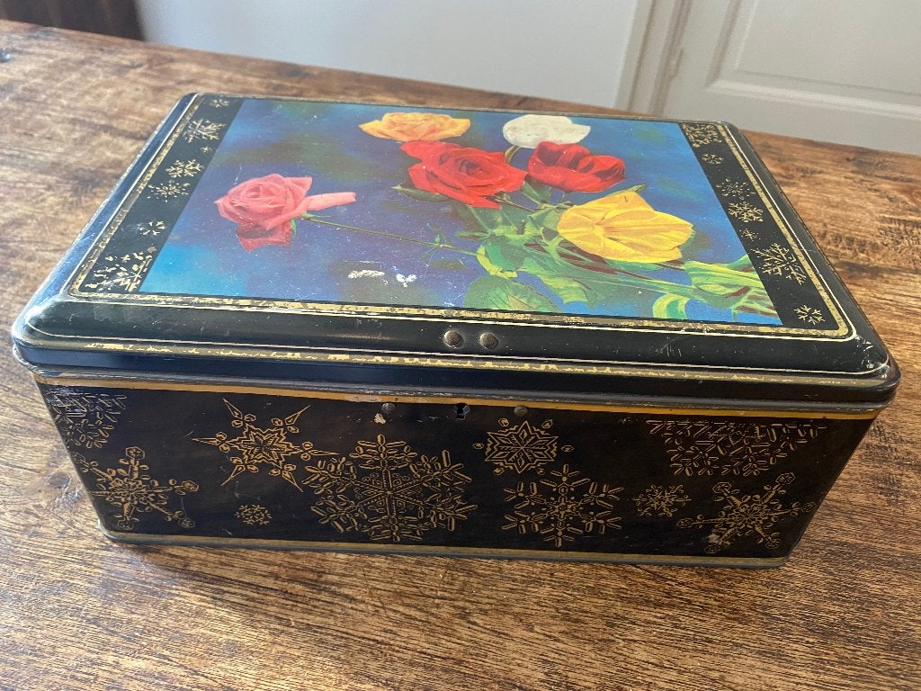 Brocante, vintage blik zwart, deksel met bloemen, Ophalen of Verzenden