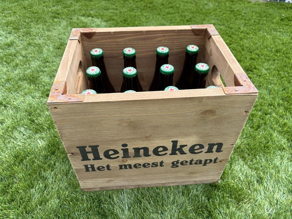 Heineken Bierkrat Houten Vintage met lege flessen, Ophalen of Verzenden, Zo goed als nieuw, Overige typen, Heineken
