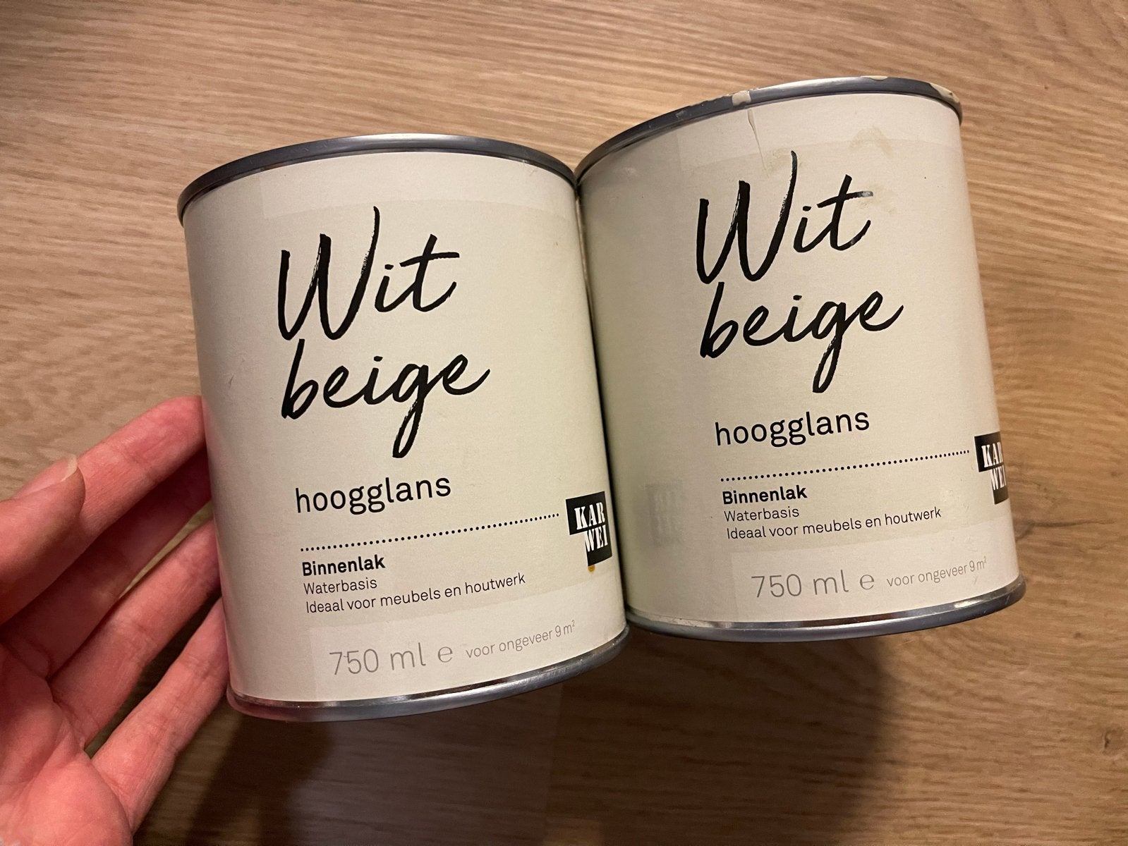 Karwei Binnenlak Hoogglans Wit Beige 2x 750ml, Doe-het-zelf en Verbouw, Verf, Beits en Lak, Ophalen, Beige, Nieuw, Lak