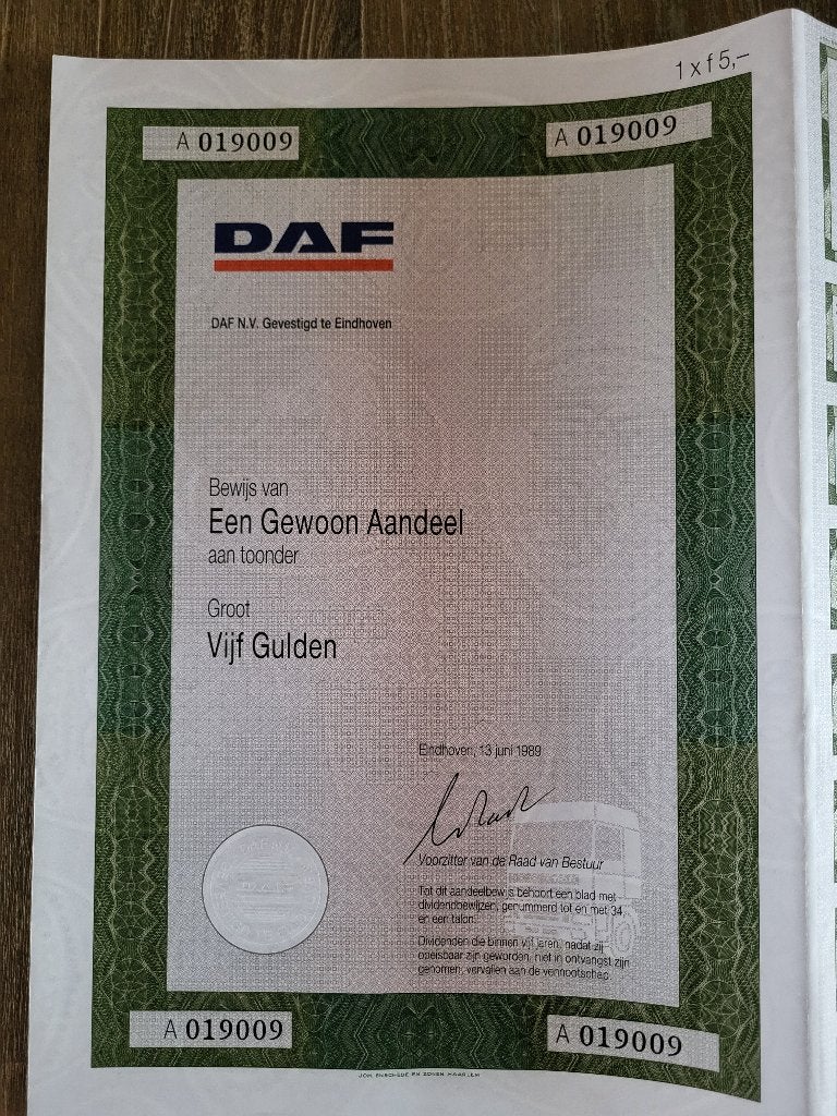 DAF aandeel groot 5 gulden, Ophalen of Verzenden, 1970 tot heden, Aandeel