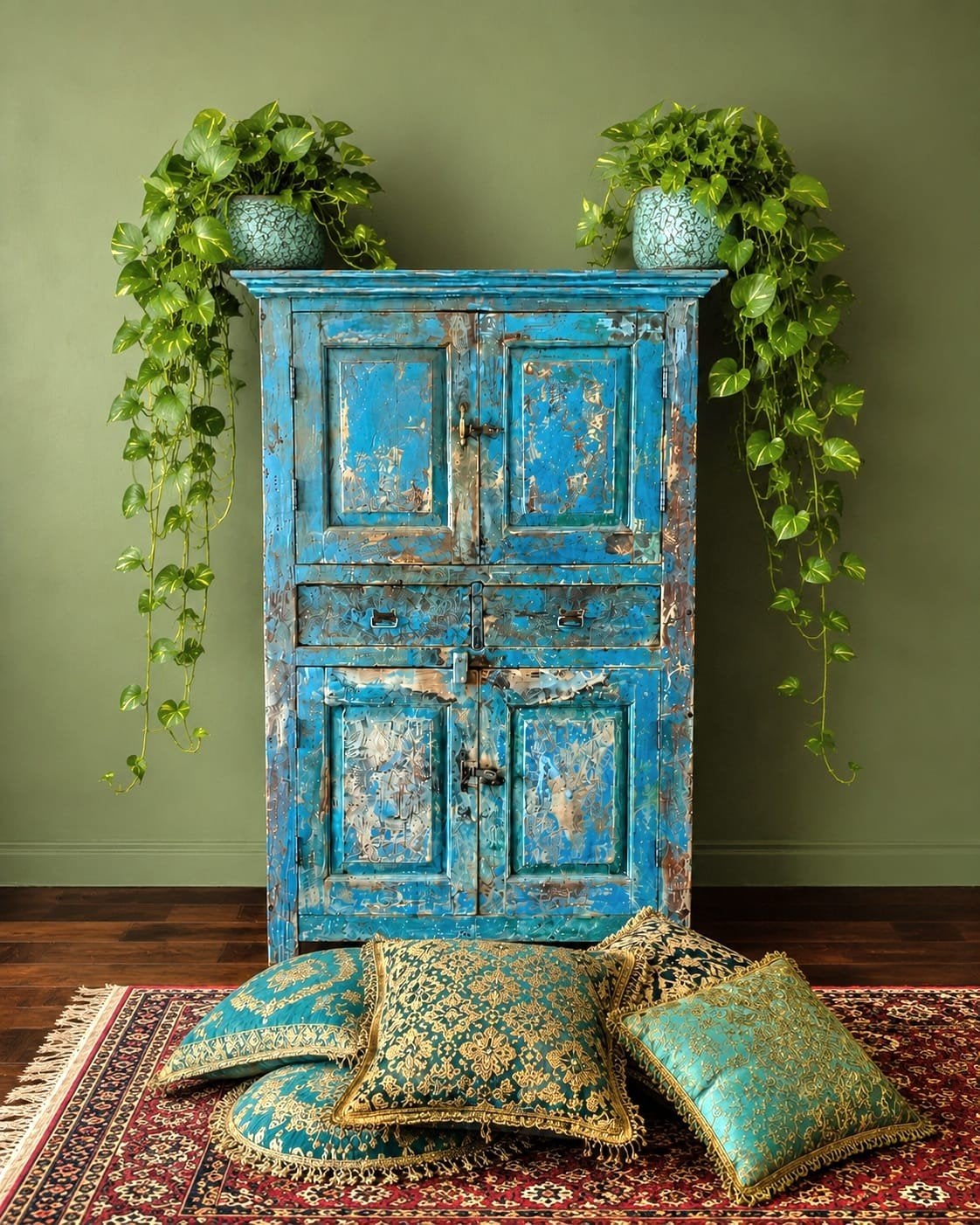 Set van 2 turquoise plantenpotten met messing/brons effect, Tuin en Terras, Rond, Minder dan 40 cm, Aardewerk, Ophalen