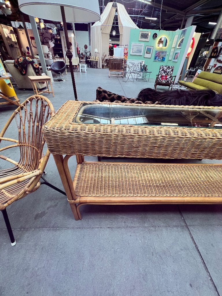 Vintage rotan dressoir / sidetable met glazen blad, Huis en Inrichting, Ophalen, Gebruikt, Onbekend, Overige houtsoorten