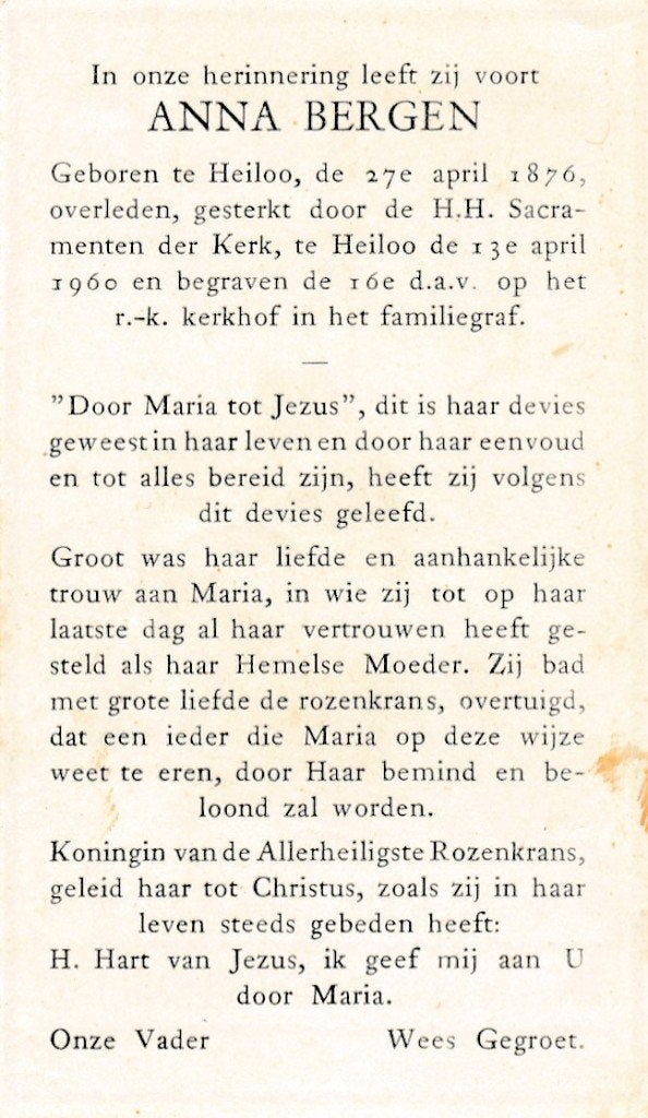 Bergen Anna 1876 Heiloo 1960, Ophalen, Bidprentje