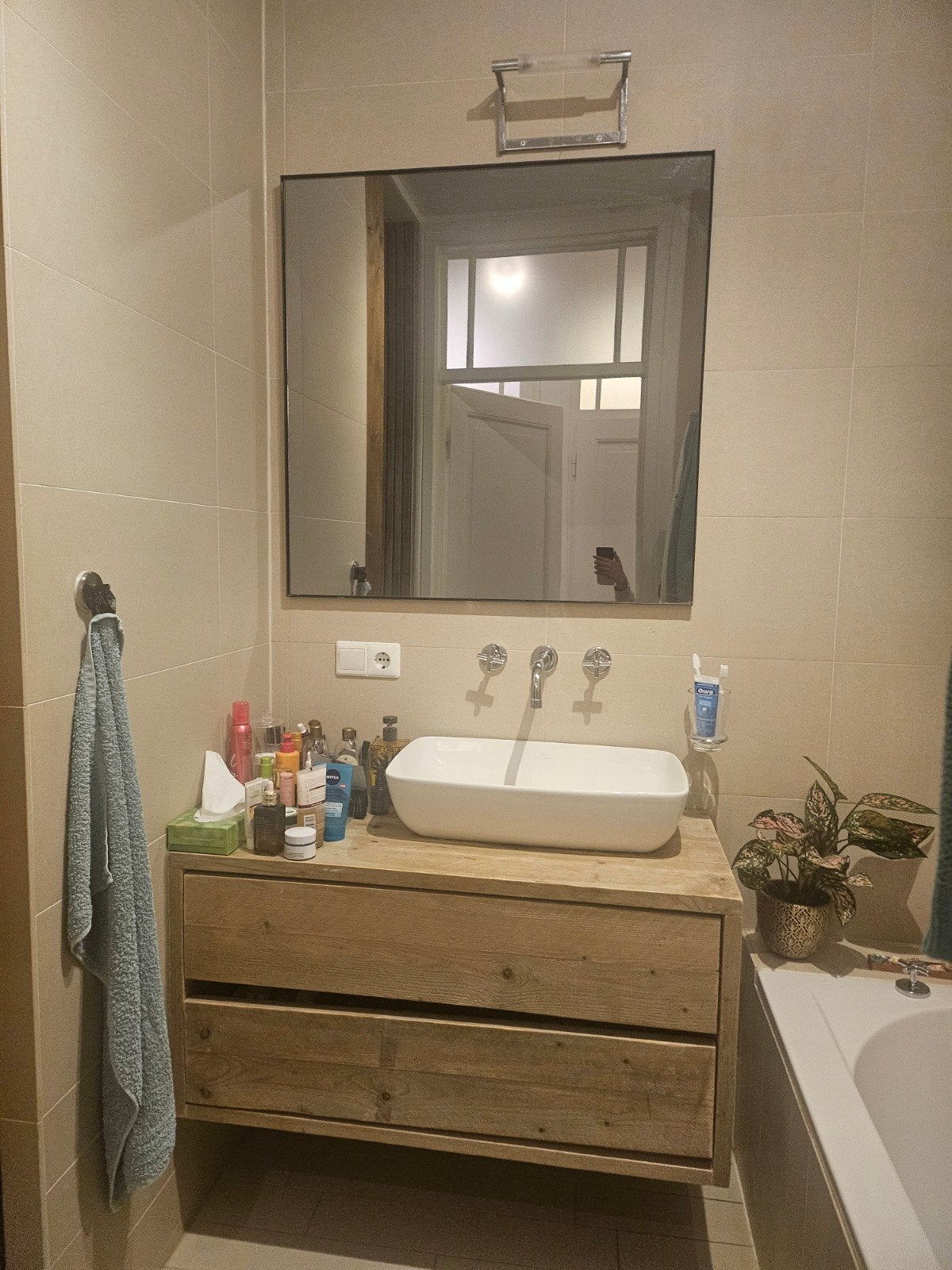 Vierkante spiegel met strakke zwarte lijst 80x80 cm, Huis en Inrichting, Ophalen, Gebruikt, Vierkant, 75 tot 100 cm