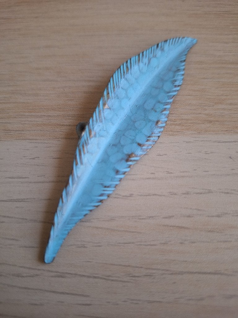 Vintage Bladvormige Broche Blauwgroen Emaille, Koper, Blauw, Ophalen of Verzenden, Zo goed als nieuw