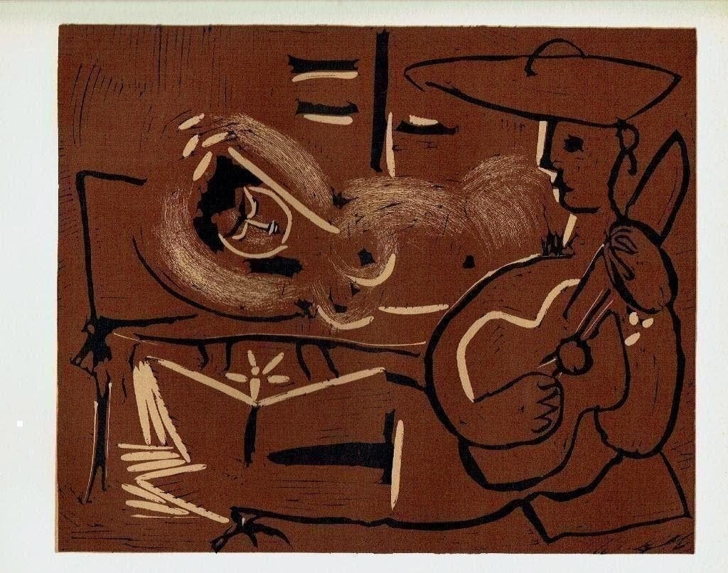 Picasso Reclining Woman and Guitar-Playing Picador Linocut, Antiek en Kunst, Verzenden, Houtsnede